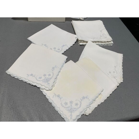 Vintage Linen Shop Embroidered Handkerchiefs Set of 12 White & Blue Floral Desig - Picture 3 of 5